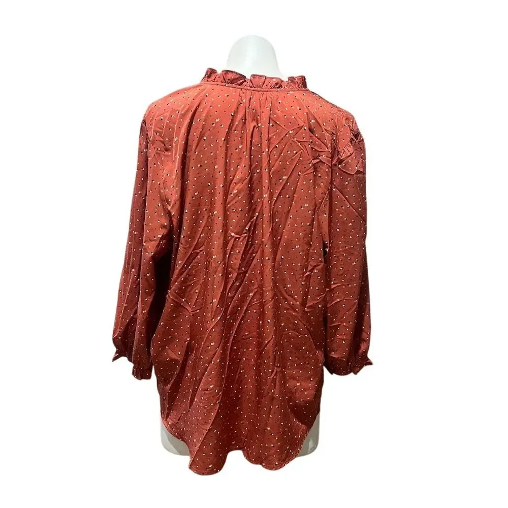 Ava Rose Women's Plus 2X Rust Polka Dot Ruffle Blouse Long Sleeve - Picture 5 of 8